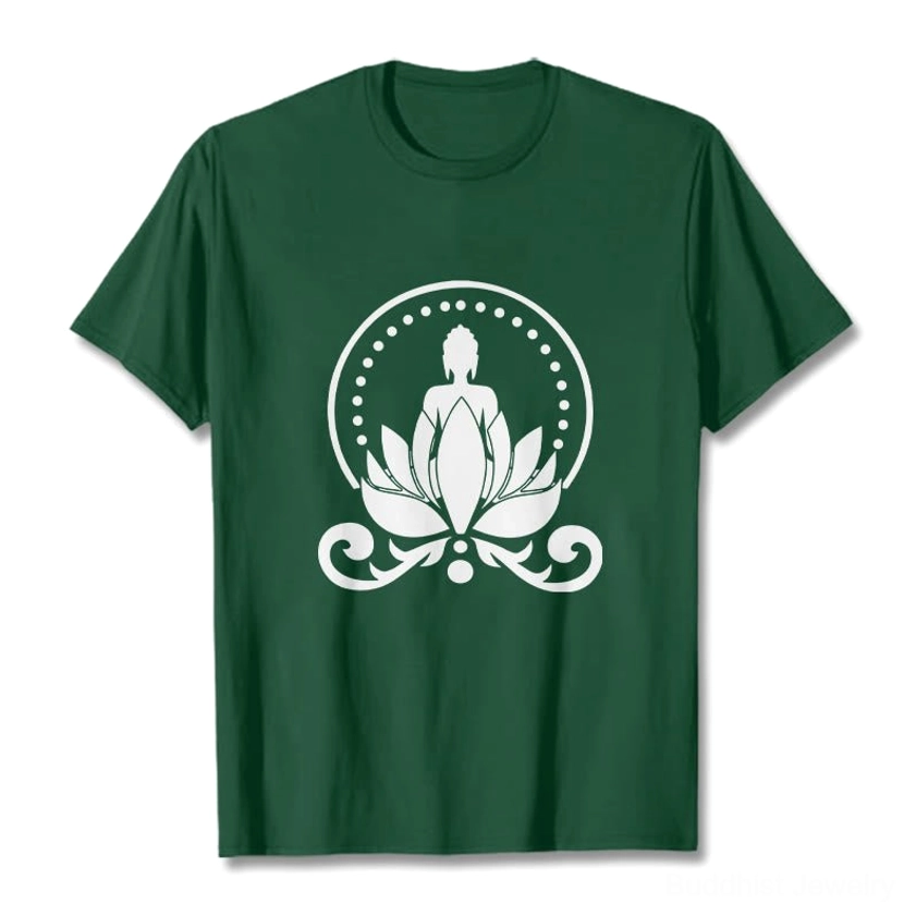Buddha lotus meditation t-shirt flat lay front view dark green cotton tee with white spiritual design