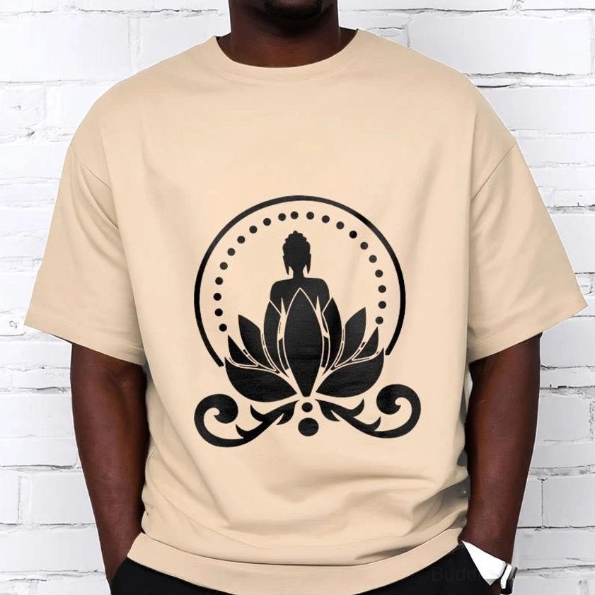 Light grey Buddha lotus meditation t-shirt flat lay front view spiritual graphic print