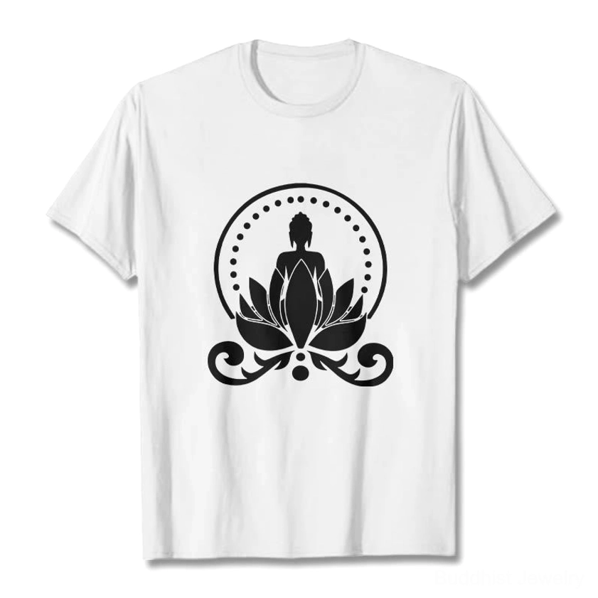 White Buddha lotus meditation t-shirt flat lay front view spiritual graphic print cotton