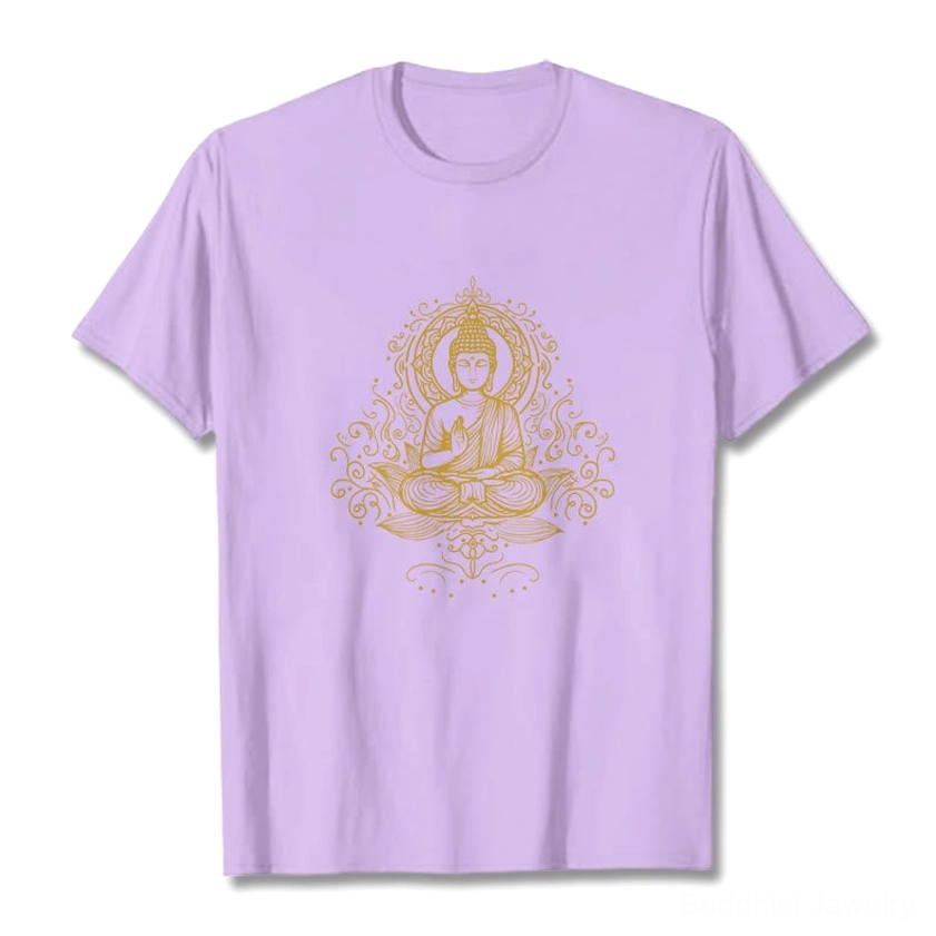 Light cyan Buddha lotus t-shirt flat lay front display golden print crew neck unisex