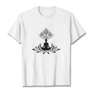 Buddha lotus meditation graphic t-shirt white cotton front flat lay with crew neck black print