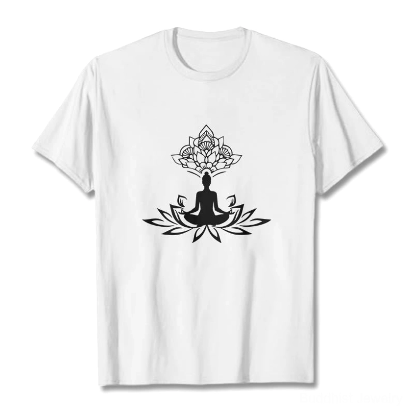 Buddha lotus meditation graphic t-shirt white cotton front flat lay with crew neck black print