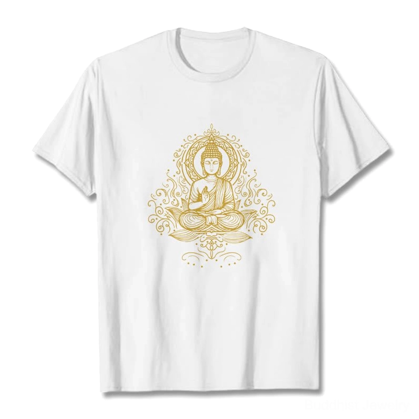 White Buddha lotus vine t-shirt flat lay front display golden chest print crew neck cotton tee