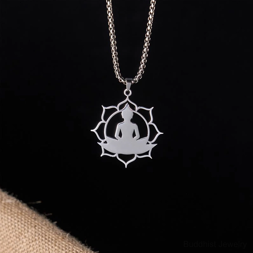 Buddha lotus pendant necklace stainless steel triple color options gold silver black