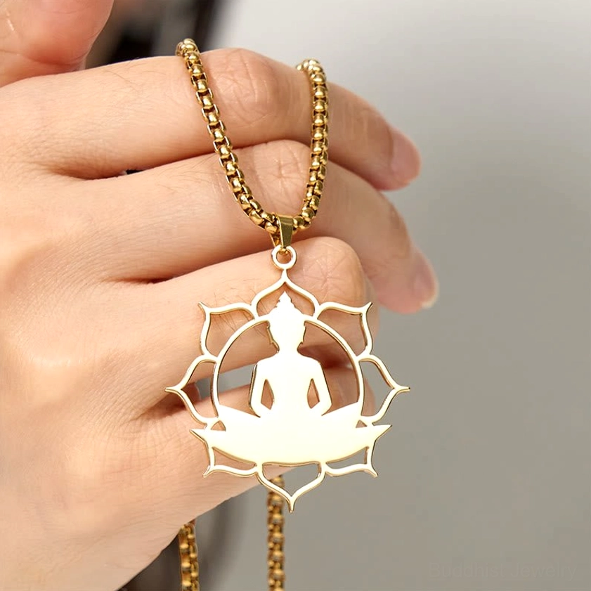 Buddha lotus pendant necklace hand held view gold chain silver pendant