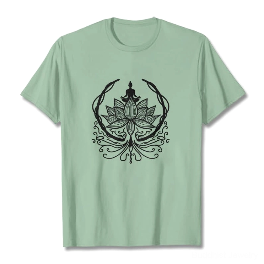 Back view of Buddha lotus meditation t-shirt on model showing fit and sleeve length