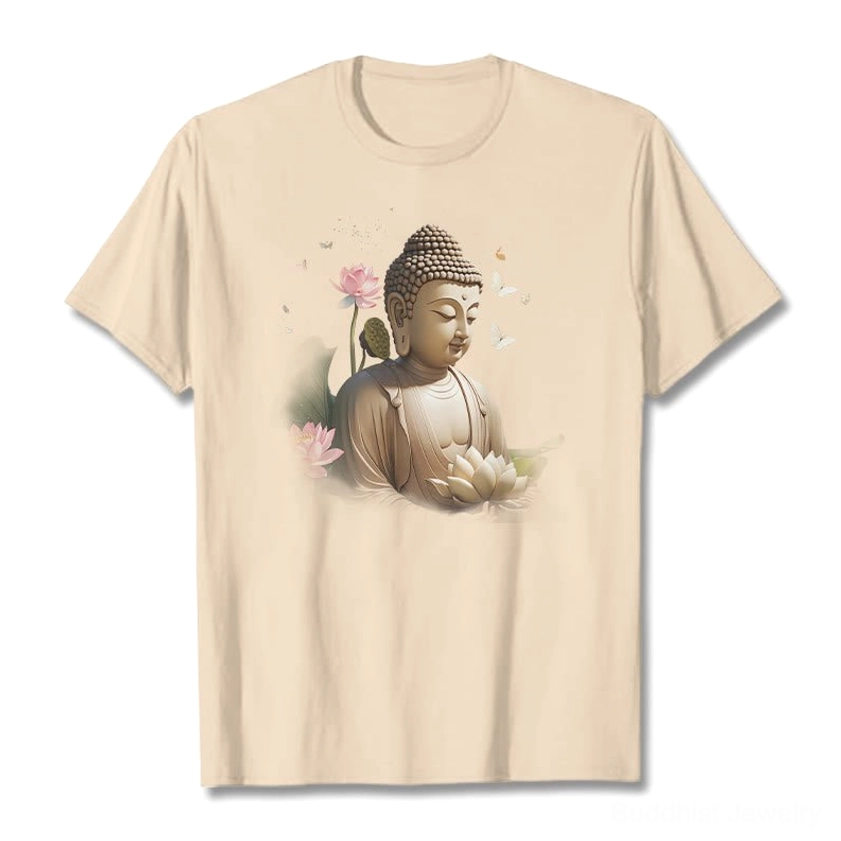 Beige Buddha lotus butterfly meditation t-shirt flat lay front