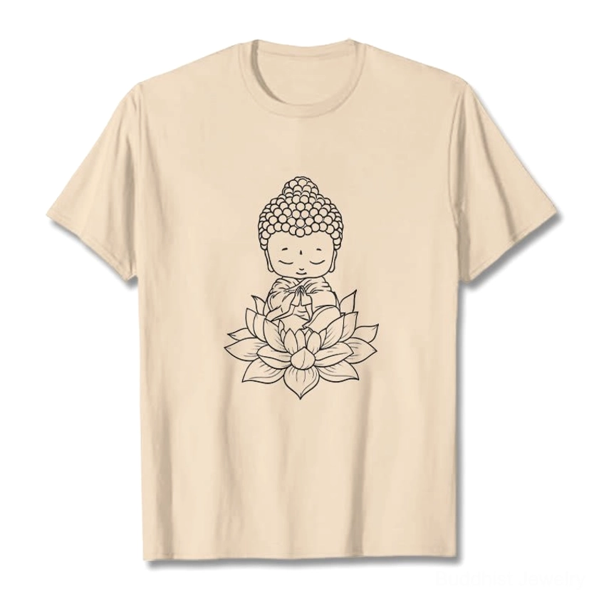 Beige Buddha lotus meditation graphic t-shirt flat lay front view with black line art design