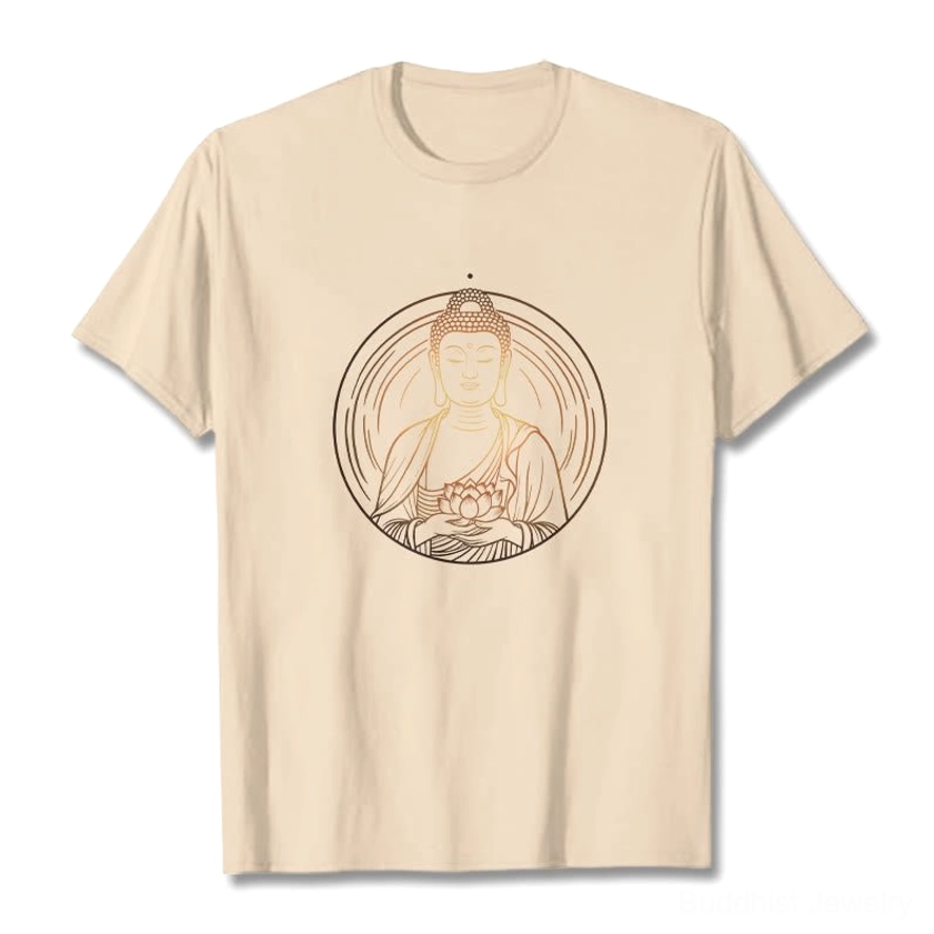 Light beige tan Buddha lotus t-shirt flat lay showing golden chest printed design