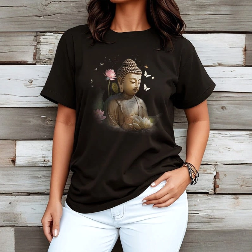 Black Buddha graphic t-shirt female model wooden panel background