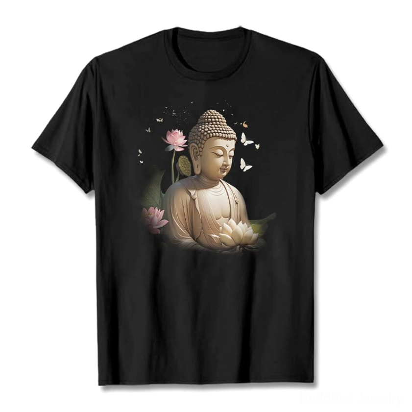 Black Buddha lotus butterfly t-shirt flat lay design detail
