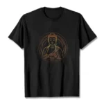 Buddha lotus graphic t-shirt front flat lay view with golden printed design on black cotton fabric