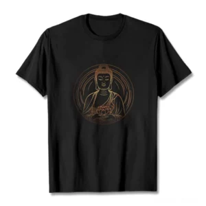Buddha lotus graphic t-shirt front flat lay view with golden printed design on black cotton fabric