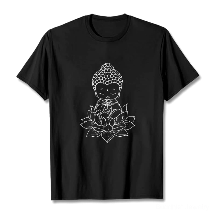 Black Buddha lotus spiritual graphic t-shirt flat lay front view with white line art print