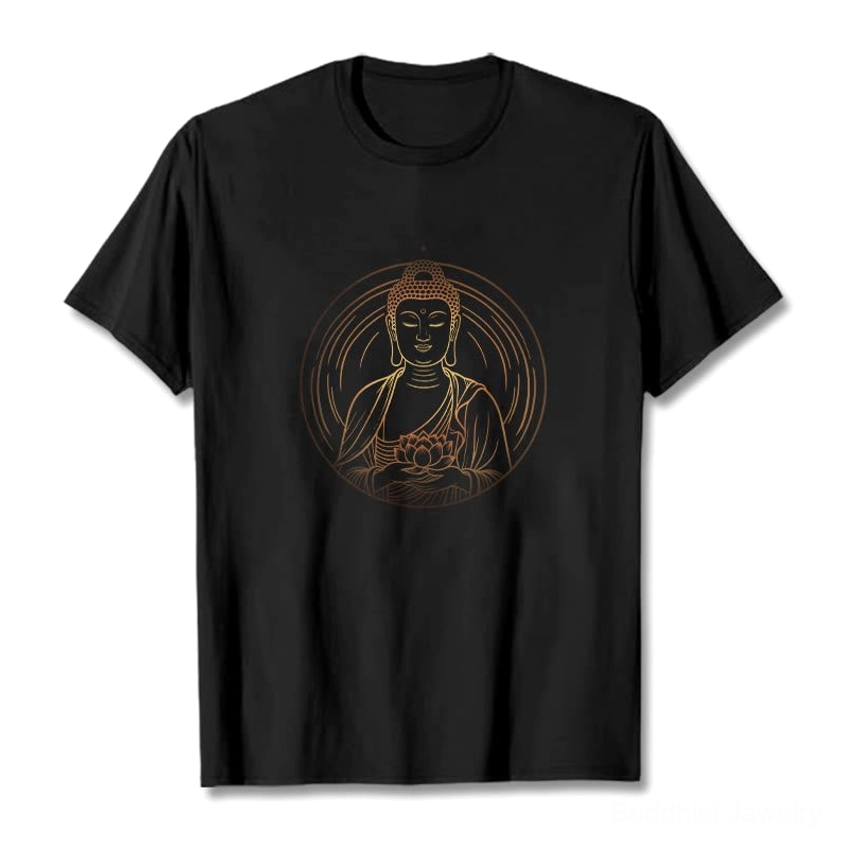Buddha lotus graphic t-shirt front flat lay view with golden printed design on black cotton fabric