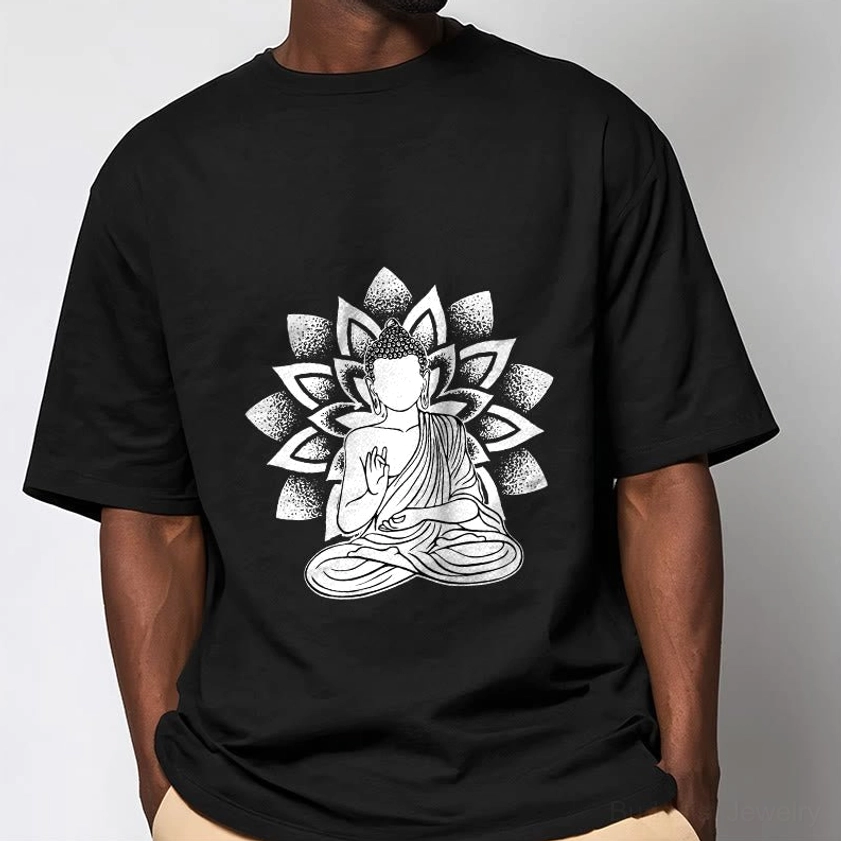 Male model wearing black seated Buddha lotus cotton t-shirt close-up front