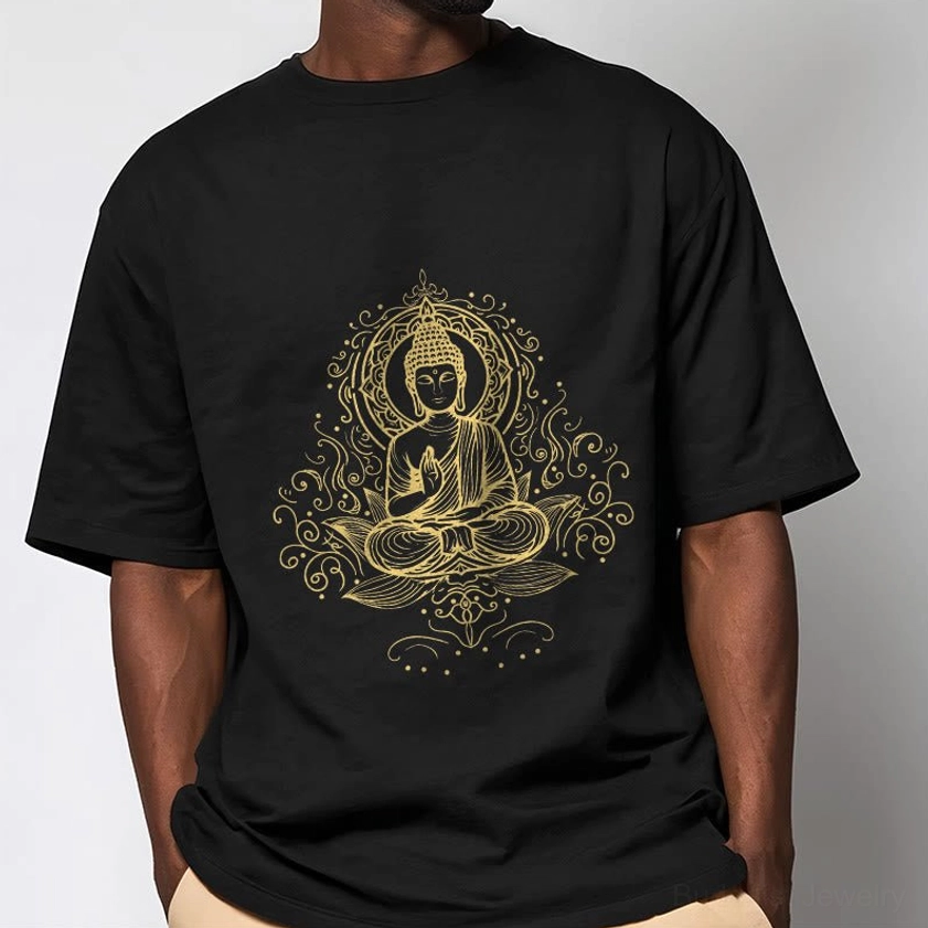 Male model wearing black Buddha lotus meditation t-shirt with detailed golden artwork casual fit