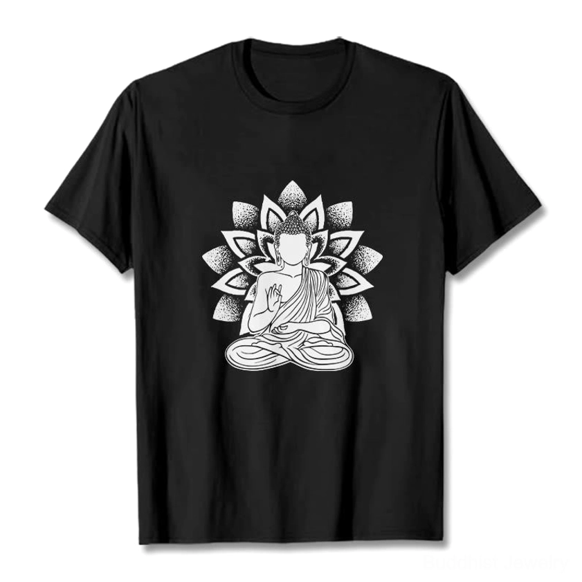 Black Buddha lotus print spiritual t-shirt crew neck flat lay product view
