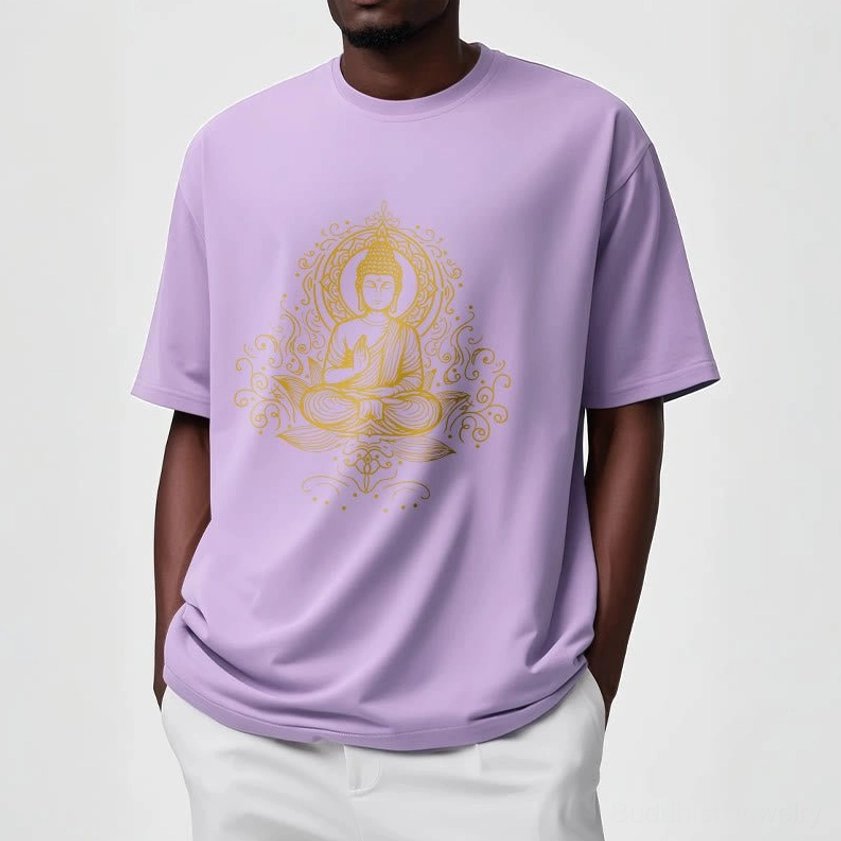 Buddha lotus meditation t-shirt multiple color options light grey light cyan black white available