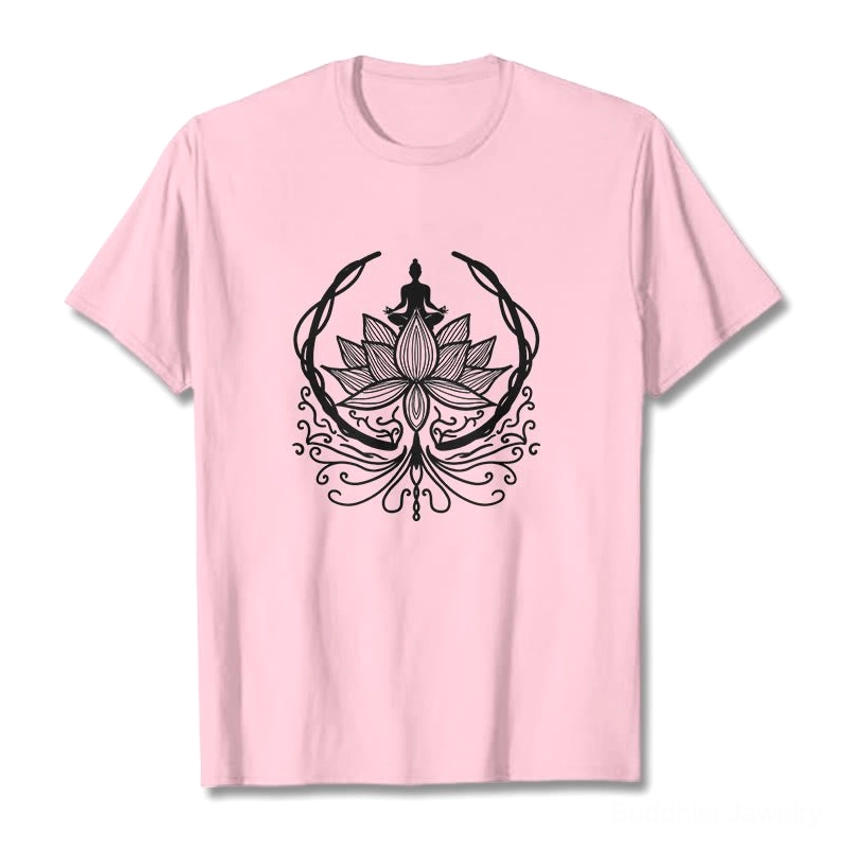 Multiple color options of Buddha lotus spiritual meditation t-shirts displayed side-by-side