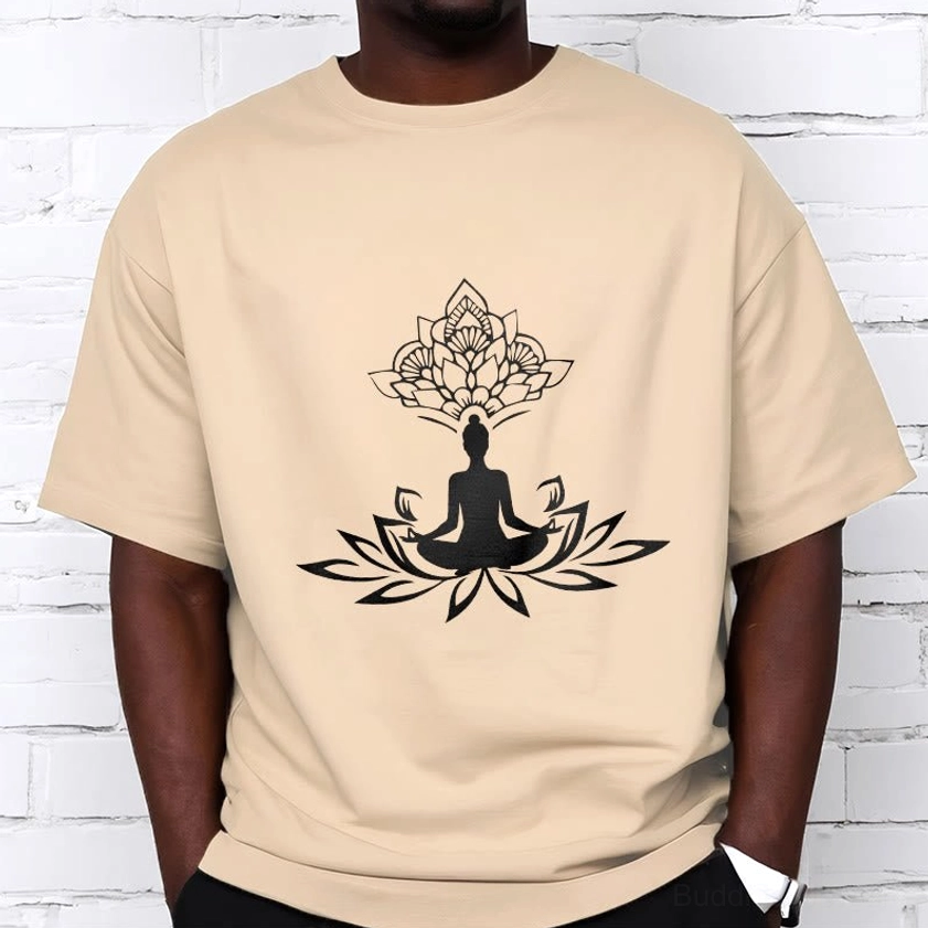 Buddha lotus meditation t-shirt color options light grey light cyan white variants