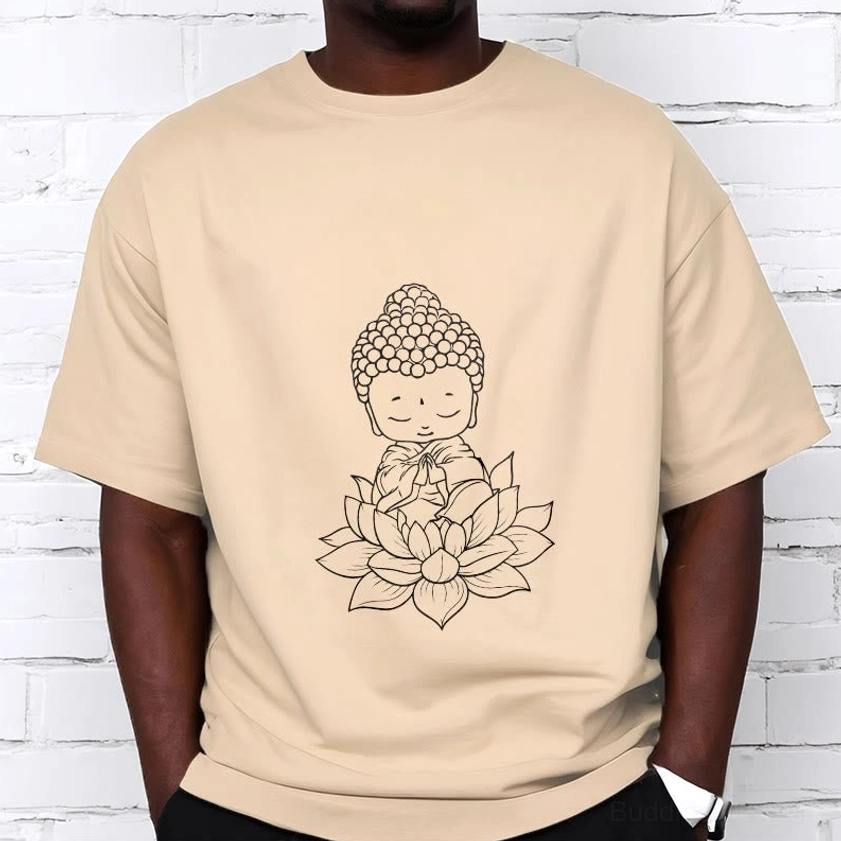 Buddha lotus t-shirt color options in white black beige and light cyan displayed together