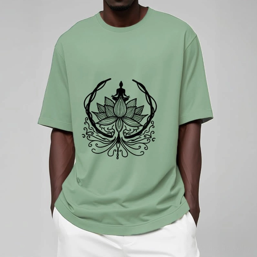 Buddhist t-shirt fabric detail highlighting premium 100% cotton material and print clarity