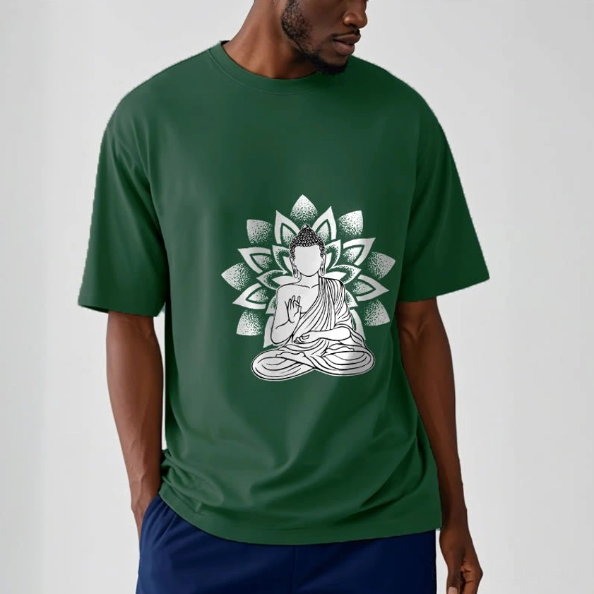 Man wearing dark green Buddhist lotus spiritual t-shirt with crew neck front view