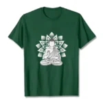 Seated Buddha lotus pattern white-green print cotton t-shirt flat lay front view