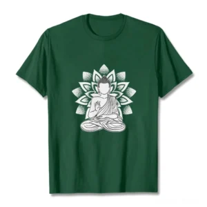 Seated Buddha lotus pattern white-green print cotton t-shirt flat lay front view