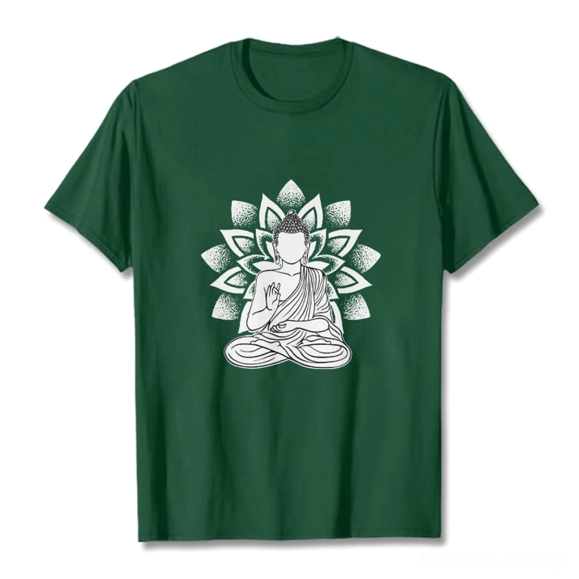Seated Buddha lotus pattern white-green print cotton t-shirt flat lay front view