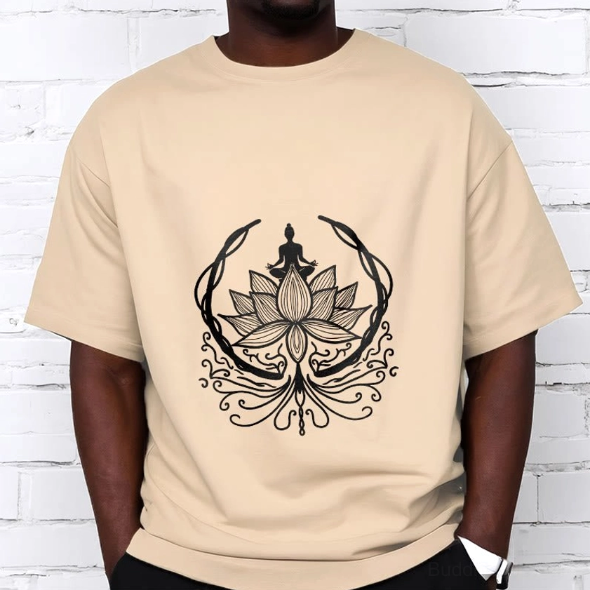 Light colored Buddhist t-shirt showcasing centered Buddha lotus meditation design print