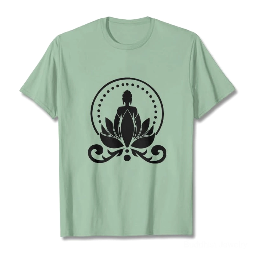 Buddha lotus spiritual t-shirt lifestyle detail shot meditation wear close-up print