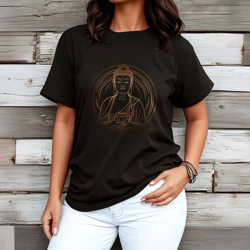 Female model wearing Buddha lotus spiritual t-shirt with white denim jeans wooden wall background