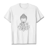 Buddha lotus meditation graphic tee flat lay front view on white background with minimalist line art design