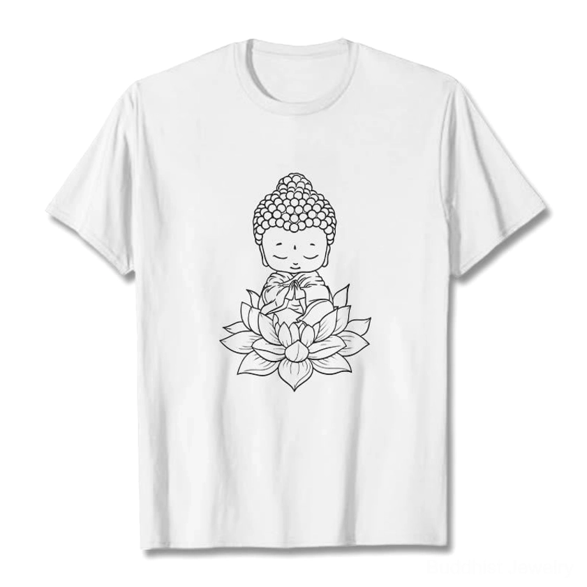 Buddha lotus meditation graphic tee flat lay front view on white background with minimalist line art design