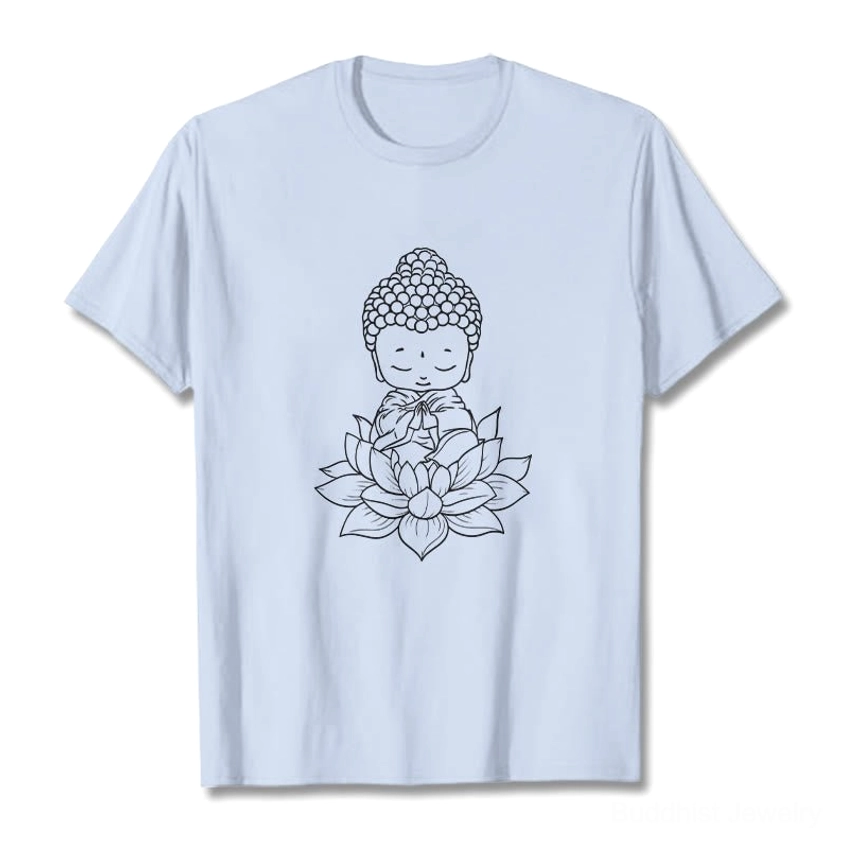 Male and female models wearing Buddha lotus spiritual t-shirt in different colors lifestyle