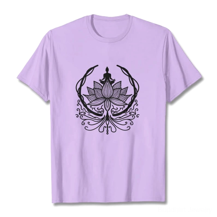 Lifestyle shot of person wearing Buddha lotus meditation t-shirt in relaxed casual setting