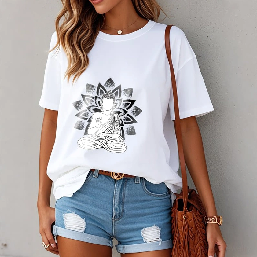 Seated Buddha lotus pattern cotton t-shirt lifestyle studio indoor casual wear