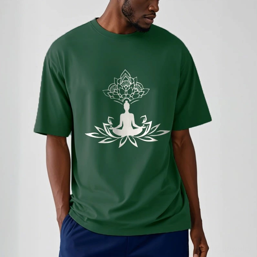 Light cyan Buddha lotus meditation t-shirt white print relaxed casual wear