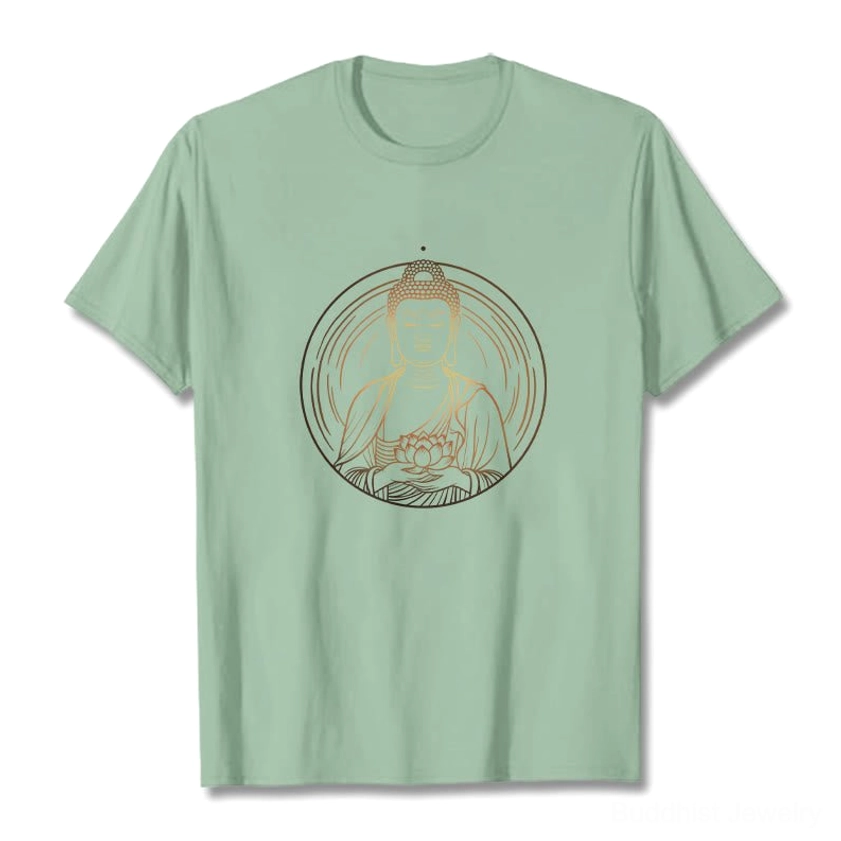 Female model styling light cyan Buddha lotus t-shirt everyday casual wear