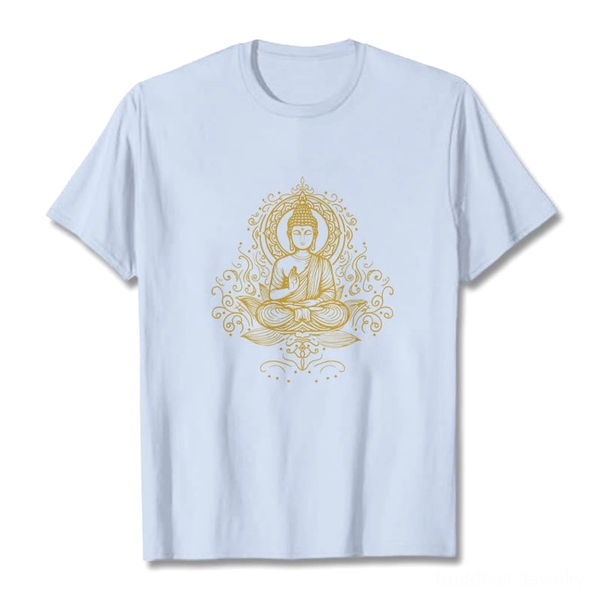 Light cyan Buddha lotus meditation t-shirt flat lay front showing detailed Buddhist artwork and vine design
