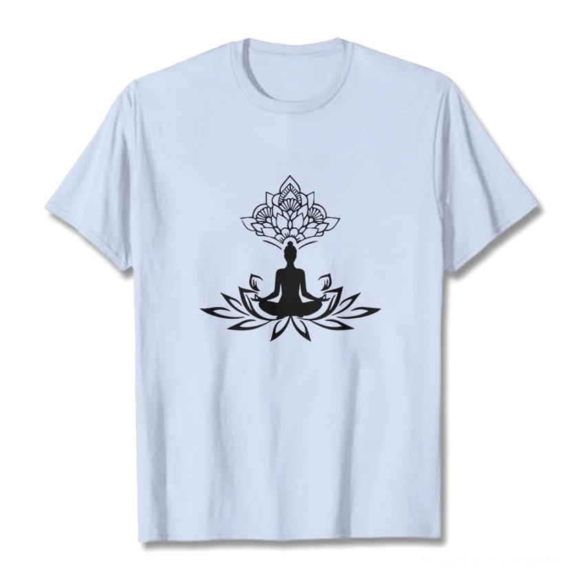 Light cyan Buddha lotus t-shirt full front view white graphic spiritual tee