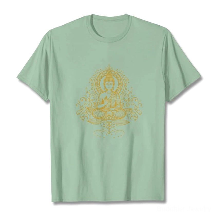Light cyan Buddha lotus meditation t-shirt male model front view casual everyday wear
