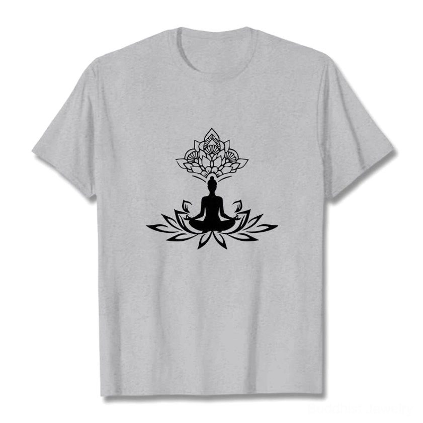 Light grey Buddha lotus meditation t-shirt white print crew neck style