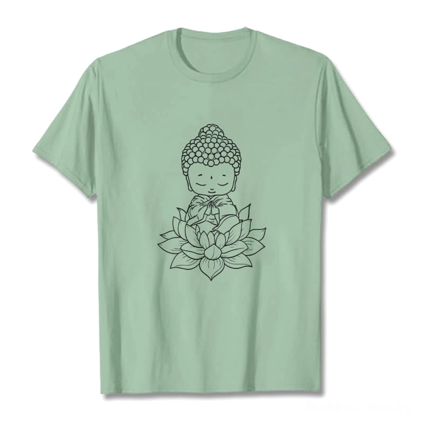 Light grey Buddha lotus spiritual graphic t-shirt front view with minimalist line art print