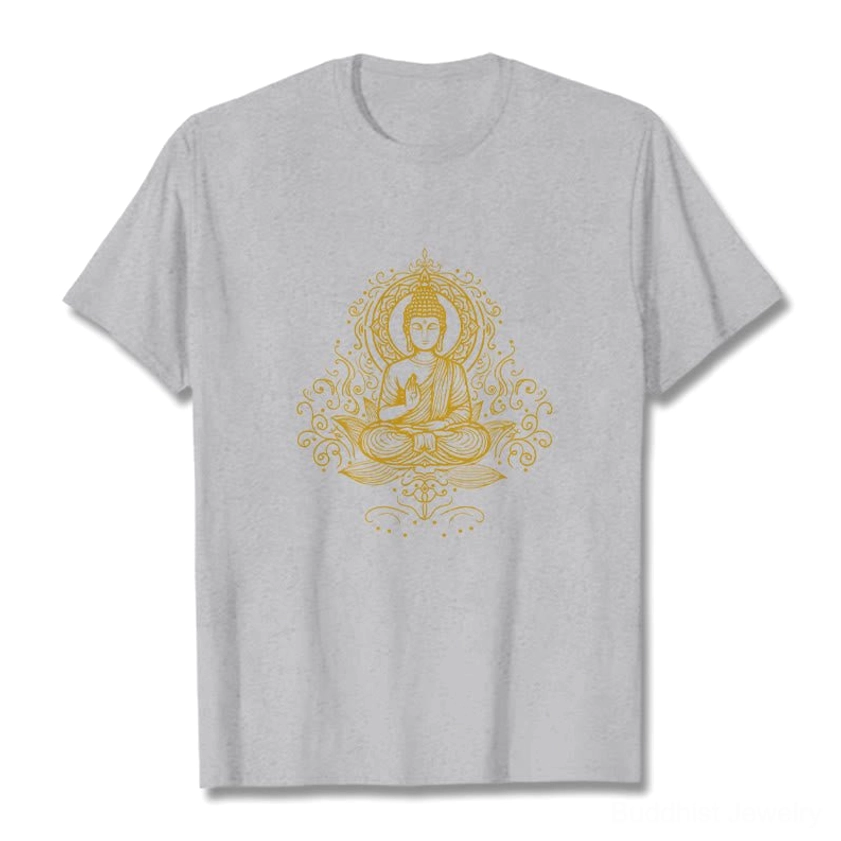 Light grey Buddha lotus meditation t-shirt male model wearing casual fit unisex style