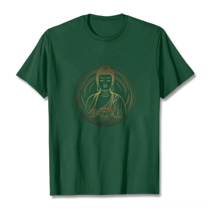 Light grey Buddha lotus graphic t-shirt worn by model showing comfortable fit and print detail