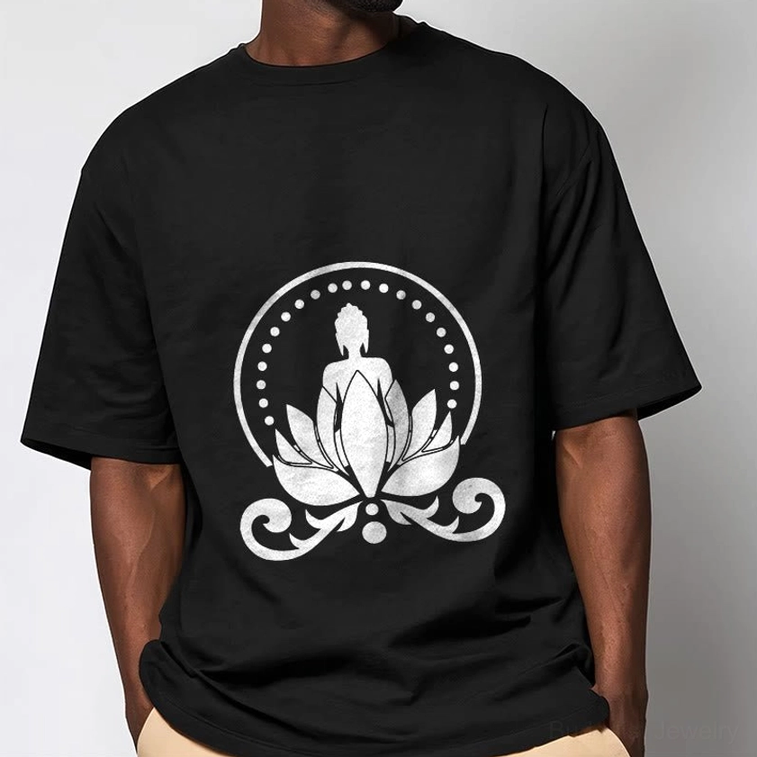 Men wearing black Buddha lotus spiritual t-shirt casual studio model meditation wear