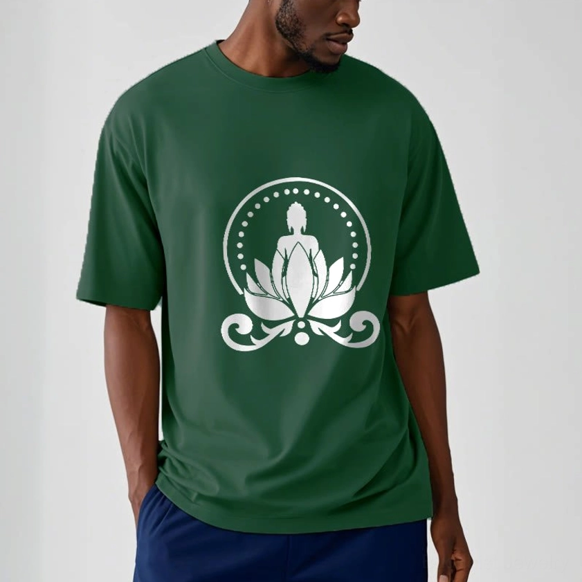 Men wearing dark green Buddha lotus spiritual t-shirt casual fit meditation graphic tee